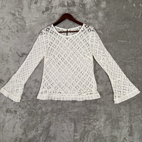 a new day Tops - White Medium Lace Long Pattern Bell Sleeve Crew Neck Top by A New Day Sheer